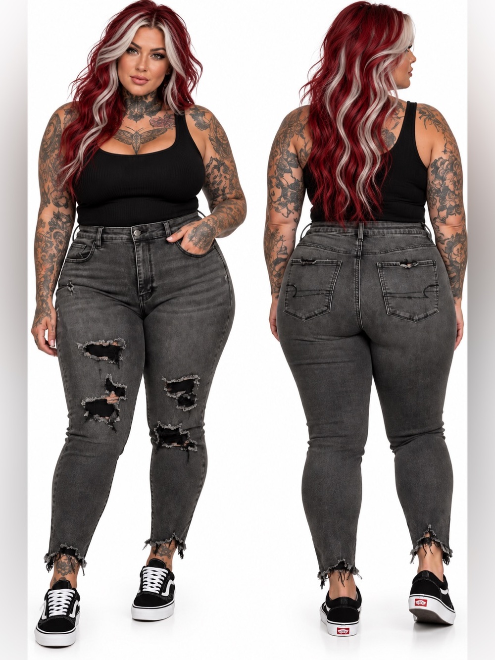 Plus Size Distressed High-Rise Skinny Jeans - Washed Black